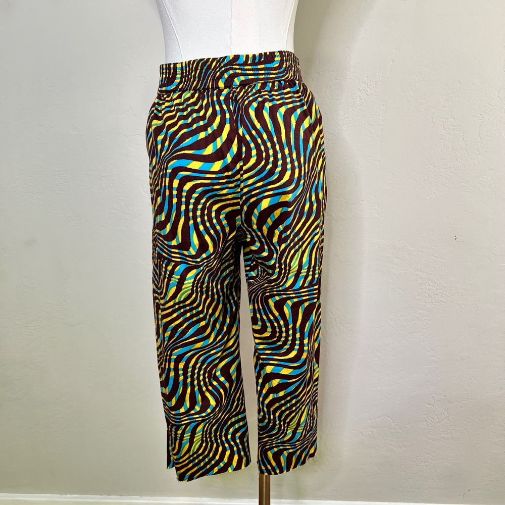 Gimaguas Pants Psychedelic Swirl Print Women Size L Brown Blue Yellow Cut Off - Picture 5 of 12